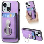 For iPhone 15 Plus Retro Folding Ring Holder Card Bag MagSafe Phone Case(Purple)