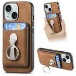 For iPhone 15 Plus Retro Folding Ring Holder Card Bag MagSafe Phone Case(Brown)