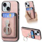 For iPhone 15 Plus Retro Folding Ring Holder Card Bag MagSafe Phone Case(Pink)