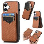 For iPhone 16 Plus Carbon Fiber MagSafe Vertical Flip Card Bag Phone Case(Brown)