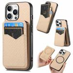 For iPhone 16 Pro Carbon Fiber MagSafe Vertical Flip Card Bag Phone Case(Khaki)