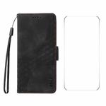 For iPhone 16 ENKAY Embossed Rhombus Starry Leather Phone Case with Screen Film(Black)