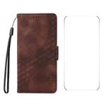 For iPhone 16 ENKAY Embossed Rhombus Starry Leather Phone Case with Screen Film(Brown)