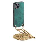 For iPhone 14 Plus Vintage Leather PC Back Cover Phone Case with Crossbody Strap(Green)