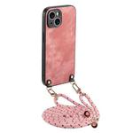 For iPhone 14 Vintage Leather PC Back Cover Phone Case with Crossbody Strap(Pink)