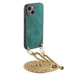 For iPhone 14 Vintage Leather PC Back Cover Phone Case with Crossbody Strap(Green)