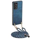 For Samsung Galaxy S22 Ultra 5G Vintage Leather PC Back Cover Phone Case with Crossbody Strap(Blue)