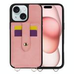 For iPhone 15 Crossbody Skin Card Bag Lanyard Phone Case(Pink)