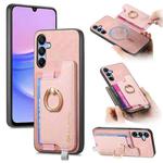 For Samsung Galaxy A15 Retro Cross Leather Ring Horizontal Insert Card Bag MagSafe Phone Case(Pink)
