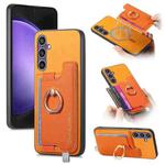 For Samsung Galaxy S23 FE 5G Retro Cross Leather Ring Horizontal Insert Card Bag MagSafe Phone Case(Yellow)