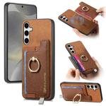 For Samsung Galaxy S25 5G Retro Cross Leather Ring Horizontal Insert Card Bag MagSafe Phone Case(Brown)