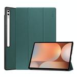 For Samsung Galaxy Tab S10 Ultra / S9 Ultra ENKAY Tri-fold Custer Texture Plastic Leather Smart Tablet Case with Pen Slot(Dark Green)