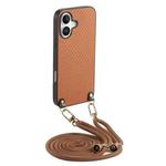 For iPhone 16 Plus Carbon Fiber Texture Leather Back Phone Case with Crossbody Strap(Brown)