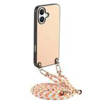 For iPhone 16 Plus Carbon Fiber Texture Leather Back Phone Case with Crossbody Strap(Khaki)