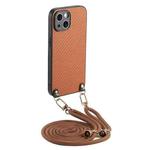 For iPhone 15 Plus Carbon Fiber Texture Leather Back Phone Case with Crossbody Strap(Brown)