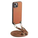 For iPhone 15 Carbon Fiber Texture Leather Back Phone Case with Crossbody Strap(Brown)