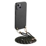 For iPhone 13 mini Carbon Fiber Texture Leather Back Phone Case with Crossbody Strap(Black)