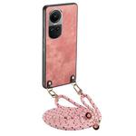 For OPPO Reno10 5G Global Vintage Leather PC Back Cover Phone Case with Crossbody Strap(Pink)