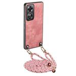 For OPPO A17 Vintage Leather PC Back Cover Phone Case with Crossbody Strap(Pink)