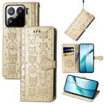 For Xiaomi 15 Cat and Dog Embossed Leather Phone Case(Gold)