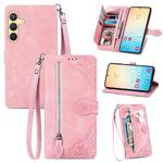 For Samsung Galaxy S25 5G Embossed Flower Zipper Leather Phone Case(Pink)