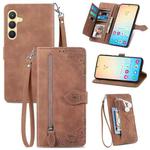 For Samsung Galaxy S25 5G Embossed Flower Zipper Leather Phone Case(Brown)