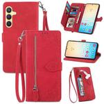 For Samsung Galaxy S25+ 5G Embossed Flower Zipper Leather Phone Case(Red)