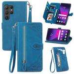 For Samsung Galaxy S25 Ultra 5G Embossed Flower Zipper Leather Phone Case(Blue)