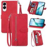 For Samsung Galaxy S25 Edge 5G Embossed Flower Zipper Leather Phone Case(Red)