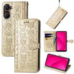 For vivo Y37 Cat and Dog Embossed Leather Phone Case(Gold)