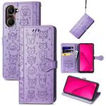 For vivo Y37 Cat and Dog Embossed Leather Phone Case(Purple)