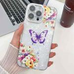 For iPhone 16 Pro Max Plating Texture Butterfly TPU Phone Case with Glitter Lens Film(Flowers Butterflies HU1)