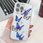 For iPhone 16 Pro Max Plating Texture Butterfly TPU Phone Case with Glitter Lens Film(Blue Butterflies HU3)