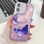 For iPhone 16 Plating Texture Butterfly TPU Phone Case with Glitter Lens Film(Purple Butterflies HU4)