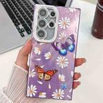 For Samsung Galaxy S25 Ultra 5G Plating Texture Butterfly TPU Phone Case with Glitter Lens Film(Daisy Butterflies HU2)