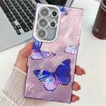 For Samsung Galaxy S25 Ultra 5G Plating Texture Butterfly TPU Phone Case with Glitter Lens Film(Purple Butterflies HU4)