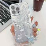 For iPhone 16 Pro Max Plating Texture Butterfly Wristband TPU Phone Case with Glitter Lens Film(Silver Butterflies HU6)