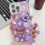 For iPhone 16 Pro Plating Texture Butterfly Wristband TPU Phone Case with Glitter Lens Film(Daisy Butterflies HU2)