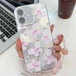 For iPhone 16 Plus Plating Texture Butterfly Wristband TPU Phone Case with Glitter Lens Film(Pink Butterflies HU5)