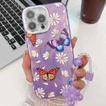 For iPhone 15 Pro Max Plating Texture Butterfly Wristband TPU Phone Case with Glitter Lens Film(Daisy Butterflies HU2)