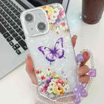 For iPhone 15 Plating Texture Butterfly Wristband TPU Phone Case with Glitter Lens Film(Flowers Butterflies HU1)