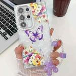For Samsung Galaxy S25 Ultra 5G Plating Texture Butterfly Wristband TPU Phone Case with Glitter Lens Film(Flowers Butterflies HU1)