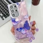 For Samsung Galaxy S25 Ultra 5G Plating Texture Butterfly Wristband TPU Phone Case with Glitter Lens Film(Purple Butterflies HU4)