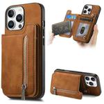 For iPhone 13 Pro Max Retro MagSafe Zipper Wallet Card Bag Back Phone Case(Brown)