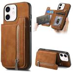 For iPhone 12 / 12 Pro Retro MagSafe Zipper Wallet Card Bag Back Phone Case(Brown)