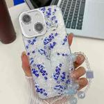 For iPhone 15 Electroplating Flowers Plants Texture Wristband TPU Phone Case(Blue Flower FL13)