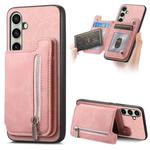 For Samsung Galaxy S24 FE 5G Retro MagSafe Zipper Wallet Card Bag Back Phone Case(Pink)