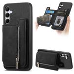 For Samsung Galaxy A55 5G Retro MagSafe Zipper Wallet Card Bag Back Phone Case(Black)