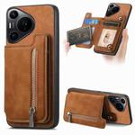 For Huawei Pura 70 Retro MagSafe Zipper Wallet Card Bag Back Phone Case(Brown)