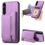 For Sony Xperia 1 V Retro MagSafe Zipper Wallet Card Bag Back Phone Case(Purple)